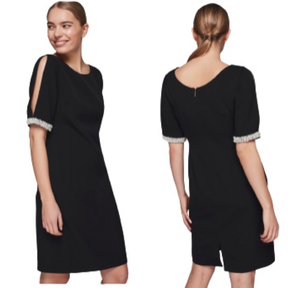 Karl Lagerfeld | Black Split Short Sleeve Beaded Pearl Trim Dress *NWT*